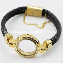 2015 moda pulseira de couro de aço inoxidável com Locket